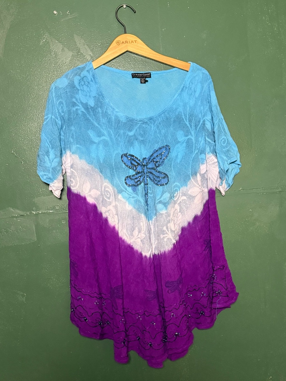 Embroidered Dragonfly Tie-Dye Tunic in Blue, White & Purple
